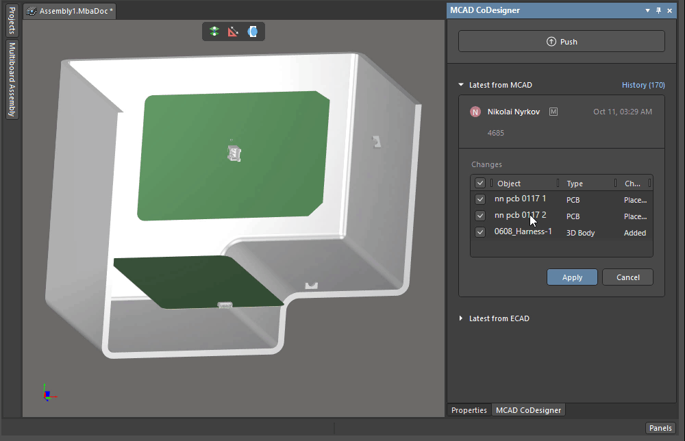 Examine the impact of each change in the Multi-board assembly, before Applying.